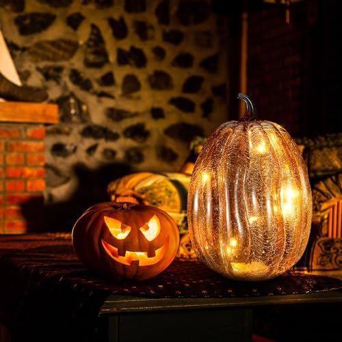 Glooglitter Mercury Glass Pumpkin Light LED Fall Lamp, Oval, Gold, Large