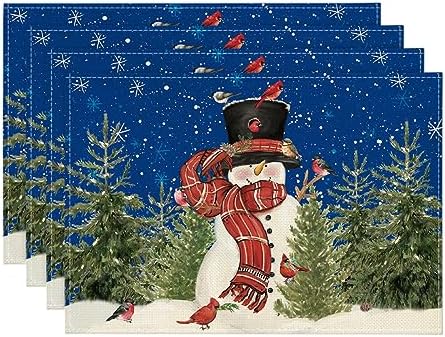 Artoid Mode Snowman Cardinals Trees Blue Christmas Placemats for Dining Table, 12 x 18 Inch Seasonal Winter Birds Xmas Holiday Rustic Vintage Thanksgiving Washable Table Mats Set of 4