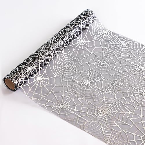 Snowkingdom Halloween Table Runner, Silver Spider Web Metallic Sequin Glitter Sheer Runners Roll 120", Black Table Decorations for Halloween, Wedding, Birthday, Themed Party, Christmas