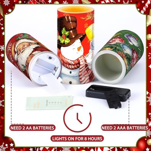 Retisee 3 Pcs Christmas Flameless Candles with Remote Timer Real Wax LED Flickering Pillar Candle White Cold Light Battery Operated for Home Window Xmas Gift Winter Holiday Decor(Red Green)