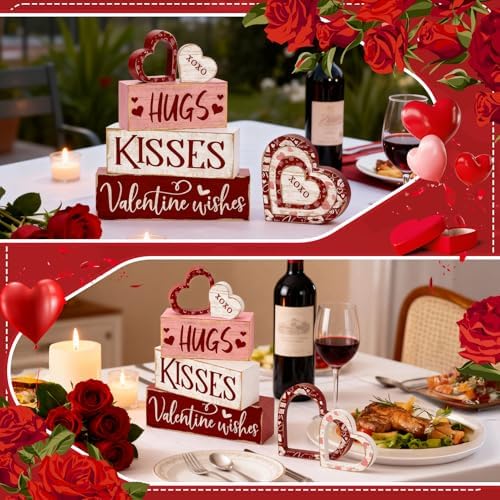 Britimes Tiered Tray Decor Set, 4 Pack, Wooden Table Sign, Red Valentine
