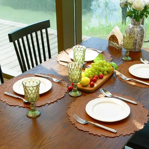 Round Faux Leather Placemats Set of 4, Dining Table Mats, Umber Brown