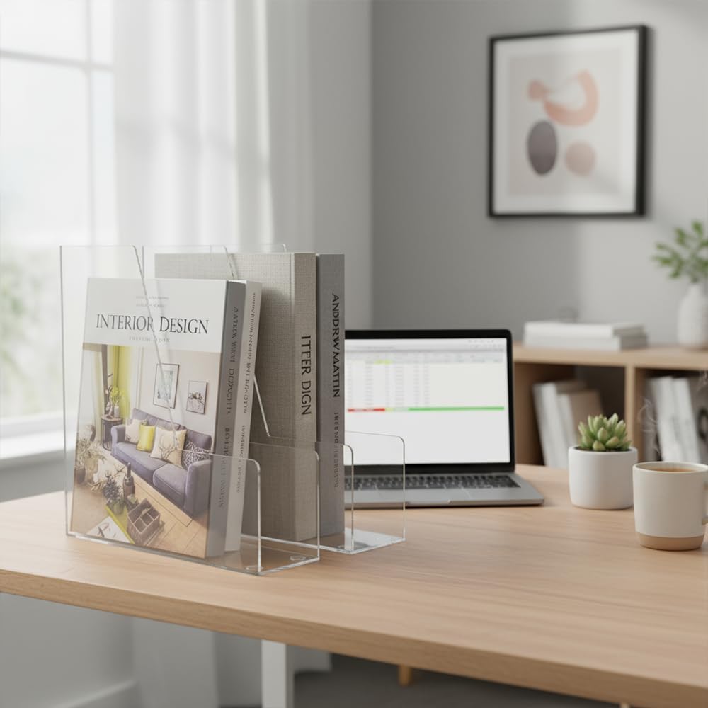 Clear Vertical File Holder, 2 pack, for Home Office | Clear plastic Magazine Organizer, 2-pack. Multi-purpose document