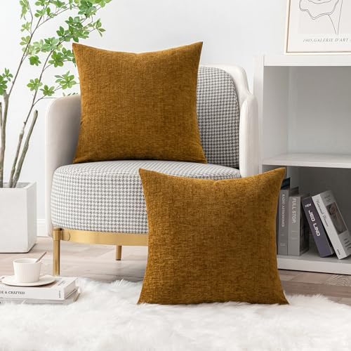 MIULEE Soft Chenille Throw Pillow Covers Mustard 20x20 Inch Pack of 2