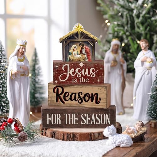 Moucuny 4 Pcs Christmas Table Decor Christian Nativity Scene Wooden Blocks