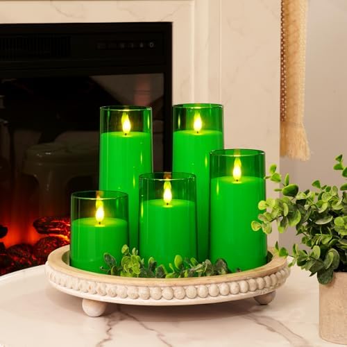 Homemory Green Flickering Flameless Candles, Battery Operated Acrylic LED Pillar Candles with Remote Control and Timer, Set of 5, St. Patrick's Day