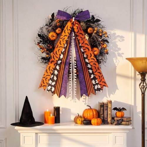 1 Pack Halloween Large Wreath Ribbon Bow for Front Door
