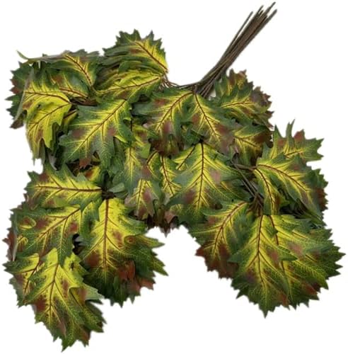 12pcs Artificial Oak Tree Branch Faux Eiche Leaf Stem Three Forks per piece for Greenery Wall Floral Decoration (Yellow Green)