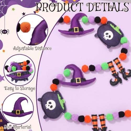 VitalCozy Halloween Felt Banner Pom Pom Garland, Purple, Witch