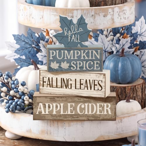 Moucuny 4 Pcs Fall Table Decoration Rustic Blue Maple Leaf Wooden Blocks