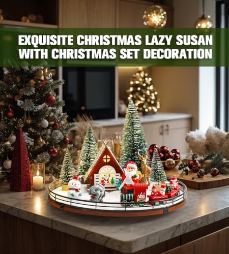 AMH 12-Piece Christmas Village Table Decor Set with Oak Rotating Base