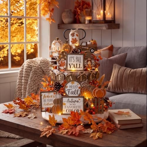 Shellwei 20 Pcs Fall Tiered Tray Decor Set, Thanksgiving Wooden Table Sign
