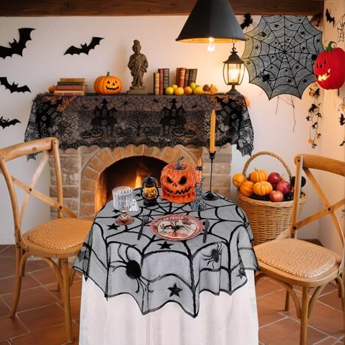 LuoluoHouse Halloween Black Tablecloths Lace Overlay 40" Round Tabletop