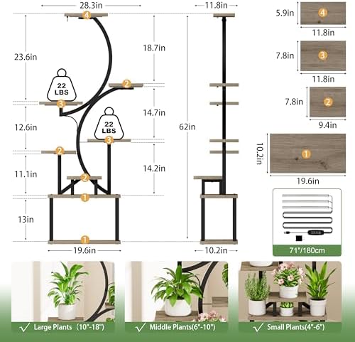 BACEKOLL Plant Stand Indoor with Grow Light, 8 Tier Corner Plant Shelf Tall