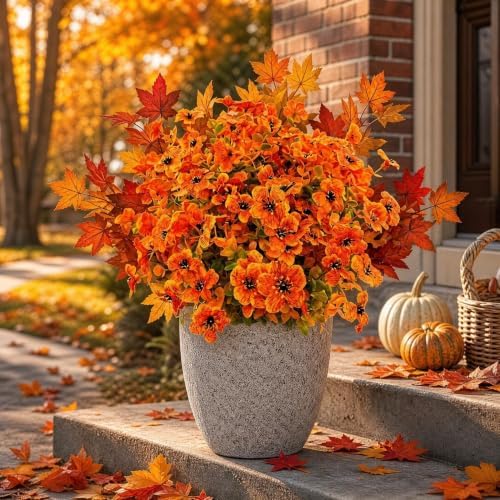 10Pcs Artificial Fall Flowers Outdoor UV Resistant, Faux Mums Orange Silk Flowers with 3-Tone Maple Leaves for Porch Planters, Thanksgiving Autumn Harvest Decor, 14 Inch