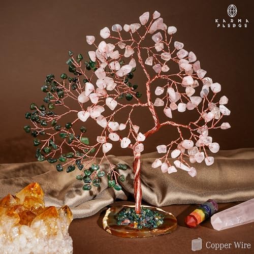 Handmade Healing Crystal Tree of Life Green Aventurine & Rose Quartz Chakra Tree for Money, Good Luck, Feng Shui Home