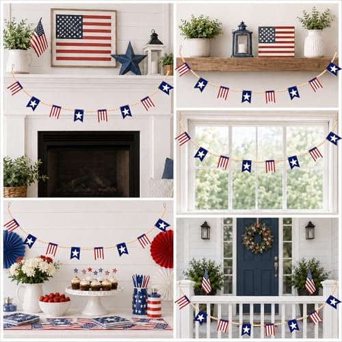Felt Red White Blue Wood Bead Garland Banner for Mantel Fireplace