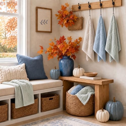 Remagr 3 Pcs Fall Hand Towels for Bathroom Blue Pumpkin