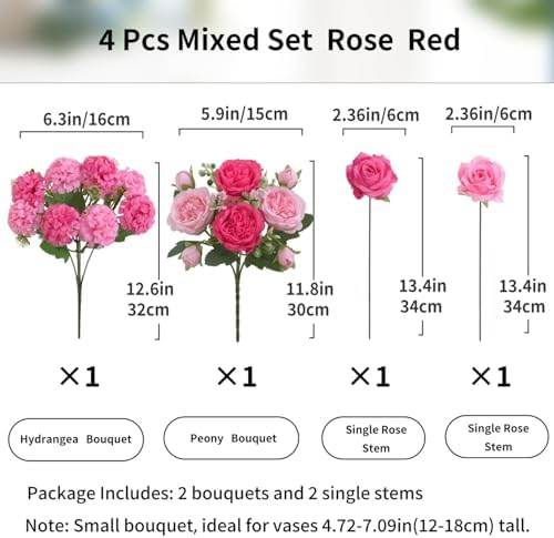 4 Pcs Mixed Artificial Peony Flowers Set-2 Bouquets & 2 Stems, Small Pink Fake Peony Rose Hydrangea Flowers for Vase Silk Floral Arrangements for Table Centerpiece Home Wedding Party Bridal Decoration