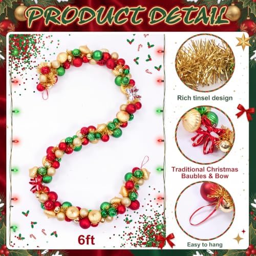 Thiccywoov 6 ft Christmas Ball Garland Ornament with Bows Decorations