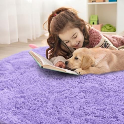 OLANLY Light Purple Round Rugs for Bedroom - Machine Washable, 5 ft Circle Area Rugs for Living Room, Soft and Fluffy