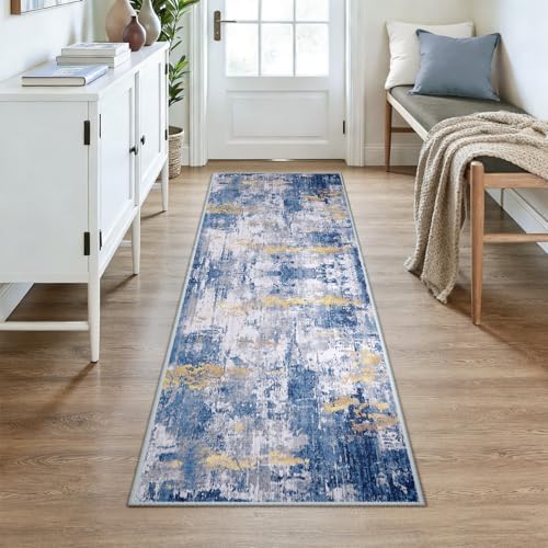 RELEANY Washable Runner 3'x7' Abstract Area Rug for Hallway Blue Gold