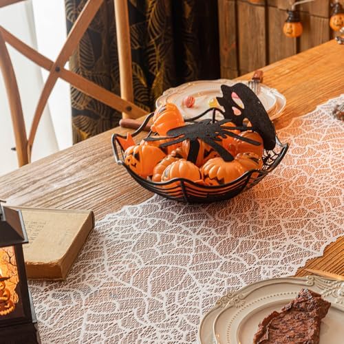 Halloween Table Runner - Black Lace with Spider Web & Bat Design, Elegant Lace Runner for Halloween Parties, Weddings & Spooky Home Decor (Purple Spider Web)