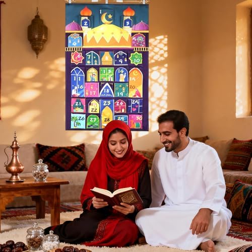 HOWAF Fabric Ramadan Advent Calendar (Countdown to Eid), Mosque Eid Ramadan Countdown Calendar with 30 Pockets for Ramadan Mubarak Home Wall Decoration, Islamic Decor Eid Holiday Advent Calendar Planner Supplies