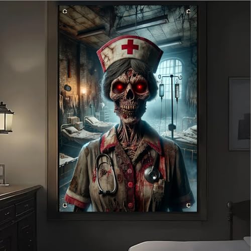 BlissYard Halloween Window Cover Hanging Banner Decor Zombie Nurse Scene 31x47 inch Creepy Bloody Hospital Horror Wall Decoration for Haunted House Door Display Party Prop Backdrop