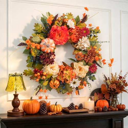 Fall Wreaths for Front Door 24 Inch Autumn Rustic Harvest Pumpkin Wreath
