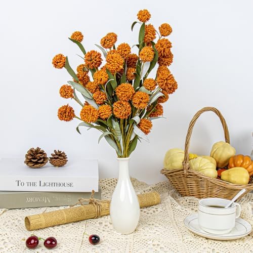 Yawwind 6 PCs Rustic Fall Flowers 17 Inches Boho Fall Floral Picks Faux Autumn Branches with Craspedia Orange Billy Balls Flowers for Vase Table Centerpieces Living Room Indoors Decor（Orange）