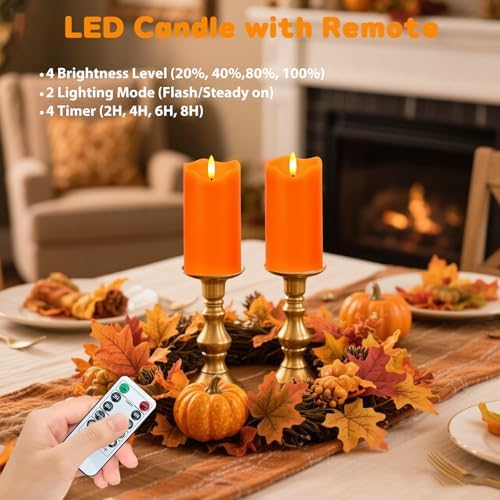 Orange Flameless Candles Set of 2, 6"x3" Fall Candles with Remote & Timer
