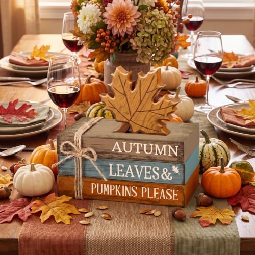 4 Pcs Fall Decorations for Home, Maple Leaf Book Stack Block Sign