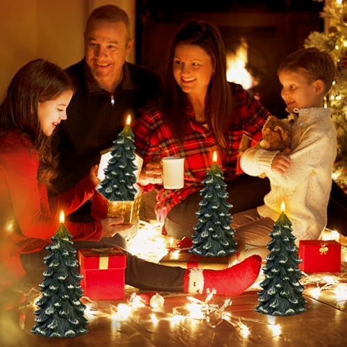 Christmas Tree Shaped Flickering Flameless Candles, Green Real Wax Battery Operated LED Candles with Timer for Christmas Home Party Decoration Christmas Gift Set of 2