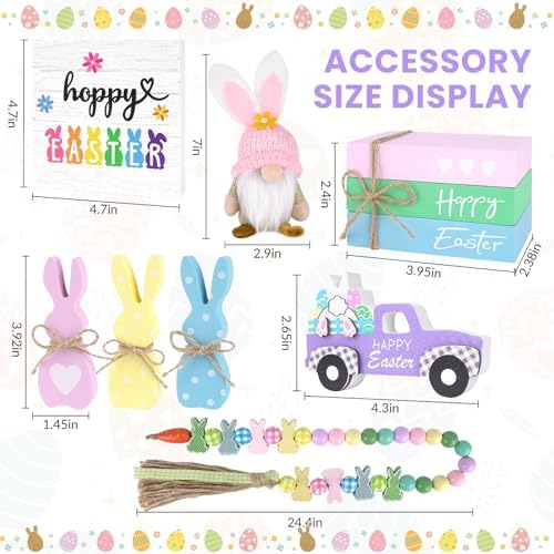 8PCS Easter Tiered Tray Decor, Spring Home Decor Set for Table,Wood with Bunny, Gnome, Truck, Happy Easter Sign & Accessories, Farmhouse Fireplace Mantle Decor, Home Kitchen Decorations Easter Gift Idea