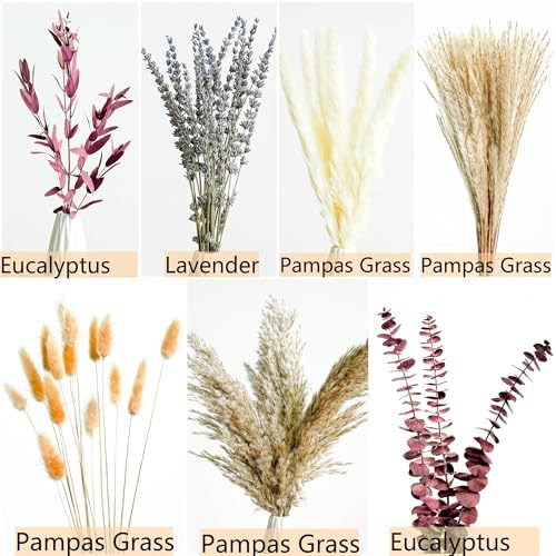 Fall Dried Flower Bouquet with Pampas Grass, Orange Bunny Tails, Lavender & Red Eucalyptus –Boho Fall Decor for Home