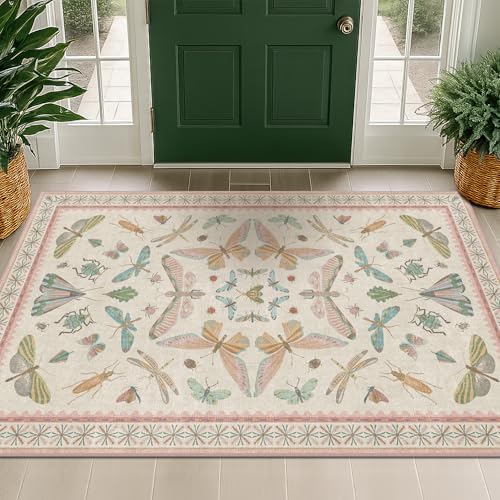 3x5 Flower Area Rug for Girls Bedroom - Washable Light Pink Large Entryway Rug for Laundry Room, Kitchen, Bedroom