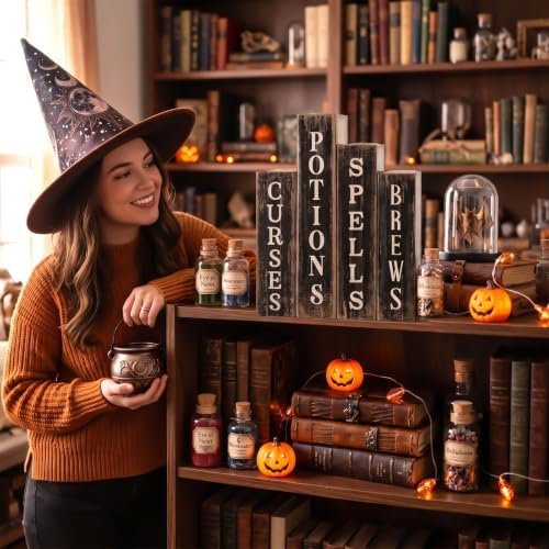 Lineshading 4 Pcs Halloween Table Decoration Wooden Book, Spell Potion Sign