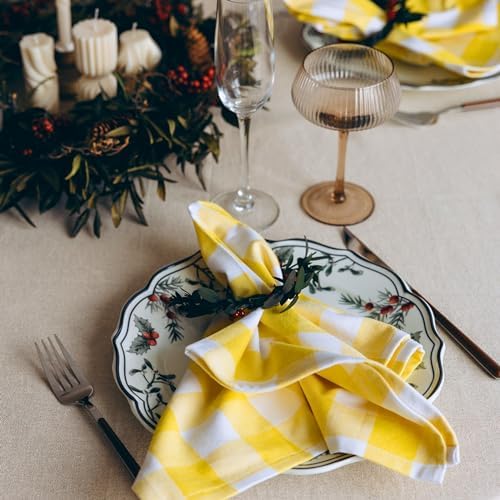 Yellow Cloth Napkins - Reusable Yellow Cotton Napkins - 100% Cotton, 12-Pack, 20"x20", Washable Checkered Plaid Table Napkins for Everyday Use and Parties, Weddings and Baby Showers (12 Pack)