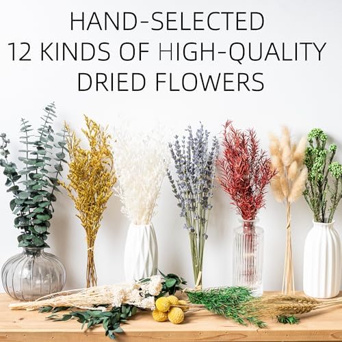 12kinds Natural Dried Flowers DIY kit ,10~12inch,Handpicked Including Lavender/Eucalyptus/Wheat,for Home Office Wedding Decor, Low-Maintenance