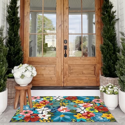 Floral Outdoor Rug - 28"x43" Front Door Mat Indoor Outside Entrance