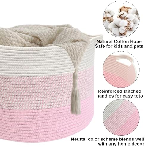 65L Large Blanket Basket,Woven Rope Laundry Basket-Mixed Pink