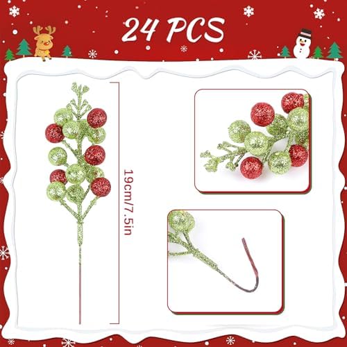 24 Pack Christmas Glitter Green Red Berry Stems, 7.5 Inch Artificial Christmas Berries Picks for DIY Crafts Xmas Tree Christmas Wreath Home Wedding Home Party Decoration (Green&Red)