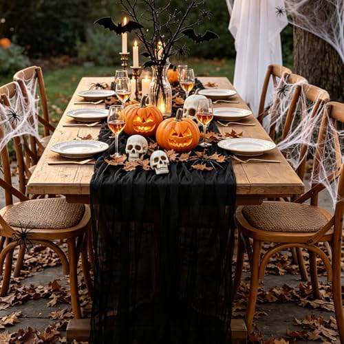 3Pcs Black Table Runner, 10FT Black Cheesecloth Halloween Table Runner 35*120inch Boho Runner for Halloween Indoor Table Kitchen Party Decorations