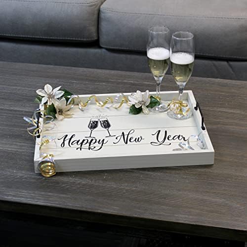 Elegant Designs HG2000-GNY Champagne Toast Decorative Wood Serving Tray w/Handles, 15.50" x 12", Light Gray Happy New Year