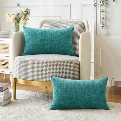MIULEE Soft Chenille Lumbar Throw Pillow Covers Teal 12x20 Inch Pack of 2