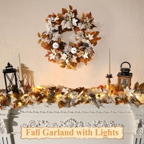 6 FT Lighted Fall Garland with Lights Pumpkins Automatic ON/Off