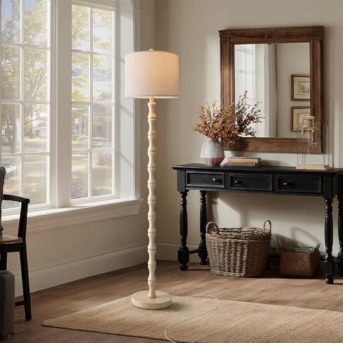 BOBOMOMO 62" Rustic Floor Lamp, Retro Farmhouse Standing Lamp with Rotary Switch, Resin Antique White Floor Lamp for