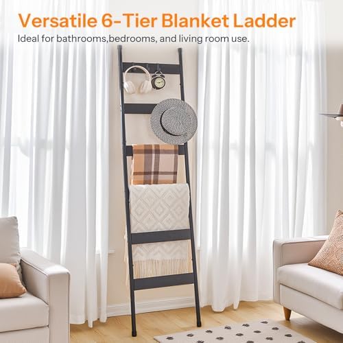HOOBRO Blanket Ladder, 6-Tier Towel Rack with Hooks, Wall-Leaning Blanket Rack, Decorative Display Ladder Shelf