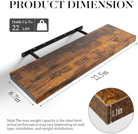 BAYKA Rustic Brown Floating Shelves 22.5in, 3 Pack, Wall Mount Wood Shelf